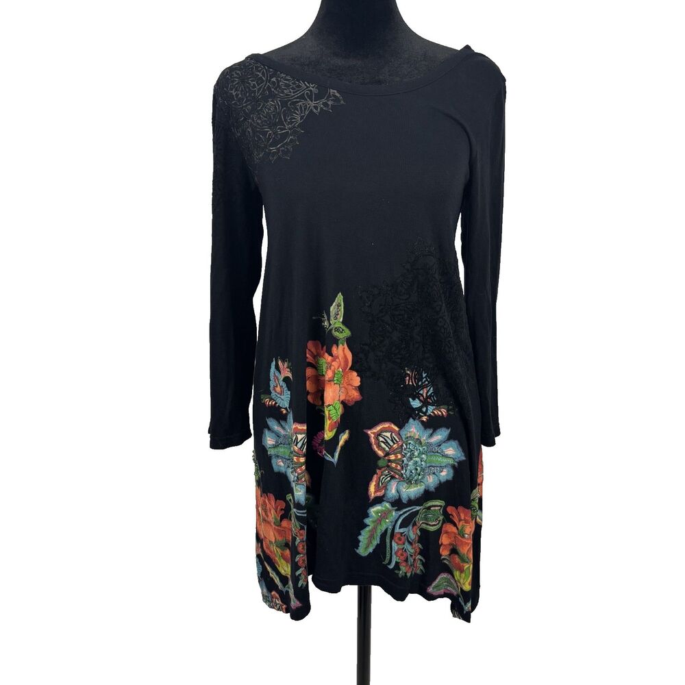 Desigual Y2K Black Floral Tunic Dress Small Artsy Boho Embroidered Midi